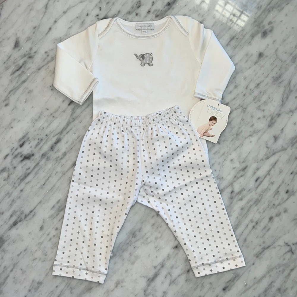 New Magnolia Baby Elephant Appliqué Shirt and Pant Set Grey White Polka Dot